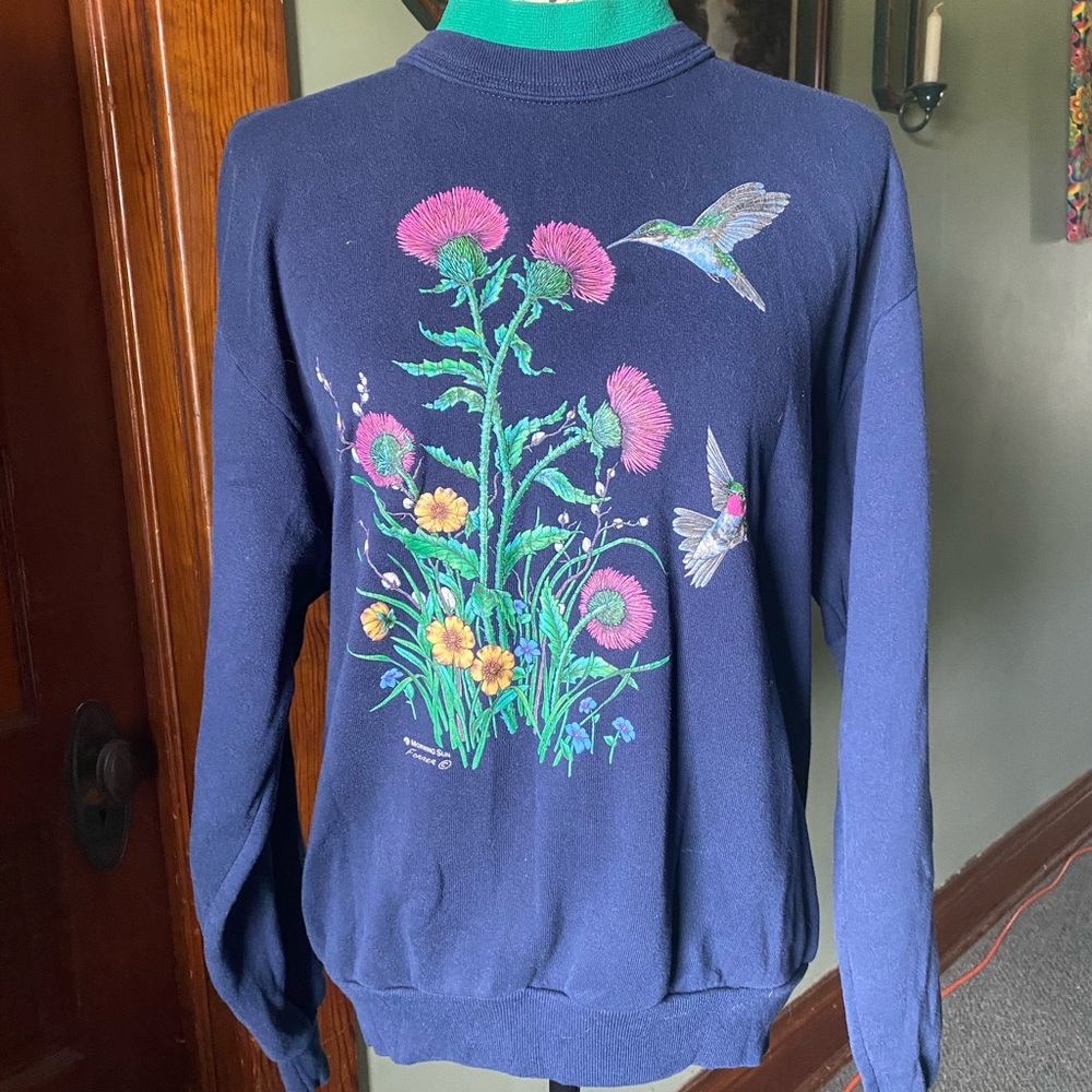 Jerzees Navy Sweater with Floral and Hummingbird Design